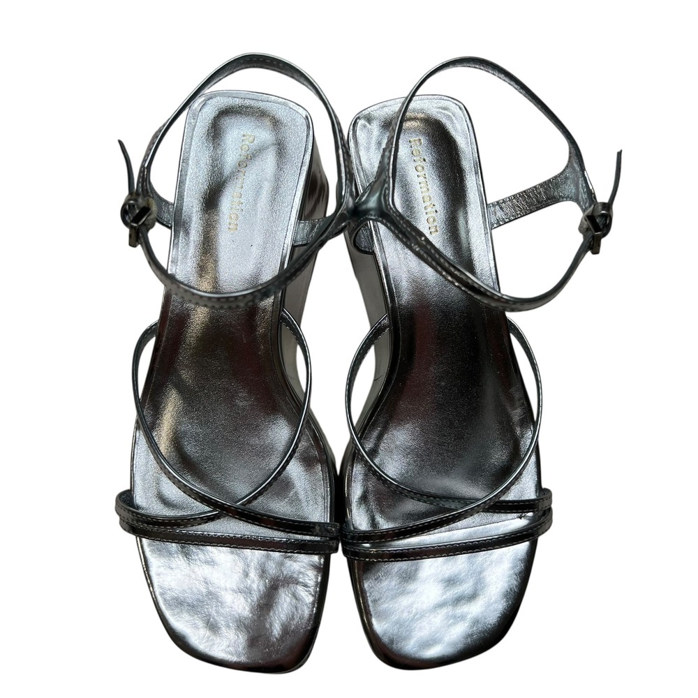Reformation‎ Zolanda Platform Wedge Strappy Sandal in Metallic Silver SZ 5.5 - Picture 2 of 9